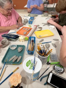 Hand-built ceramic plant stakes drying in the studio at Pearl City Clay House, Jamestown, NY.