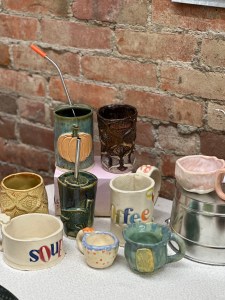 Hand-built clay mugs in progress during a pottery class at Pearl City Clay House, Jamestown, NY.